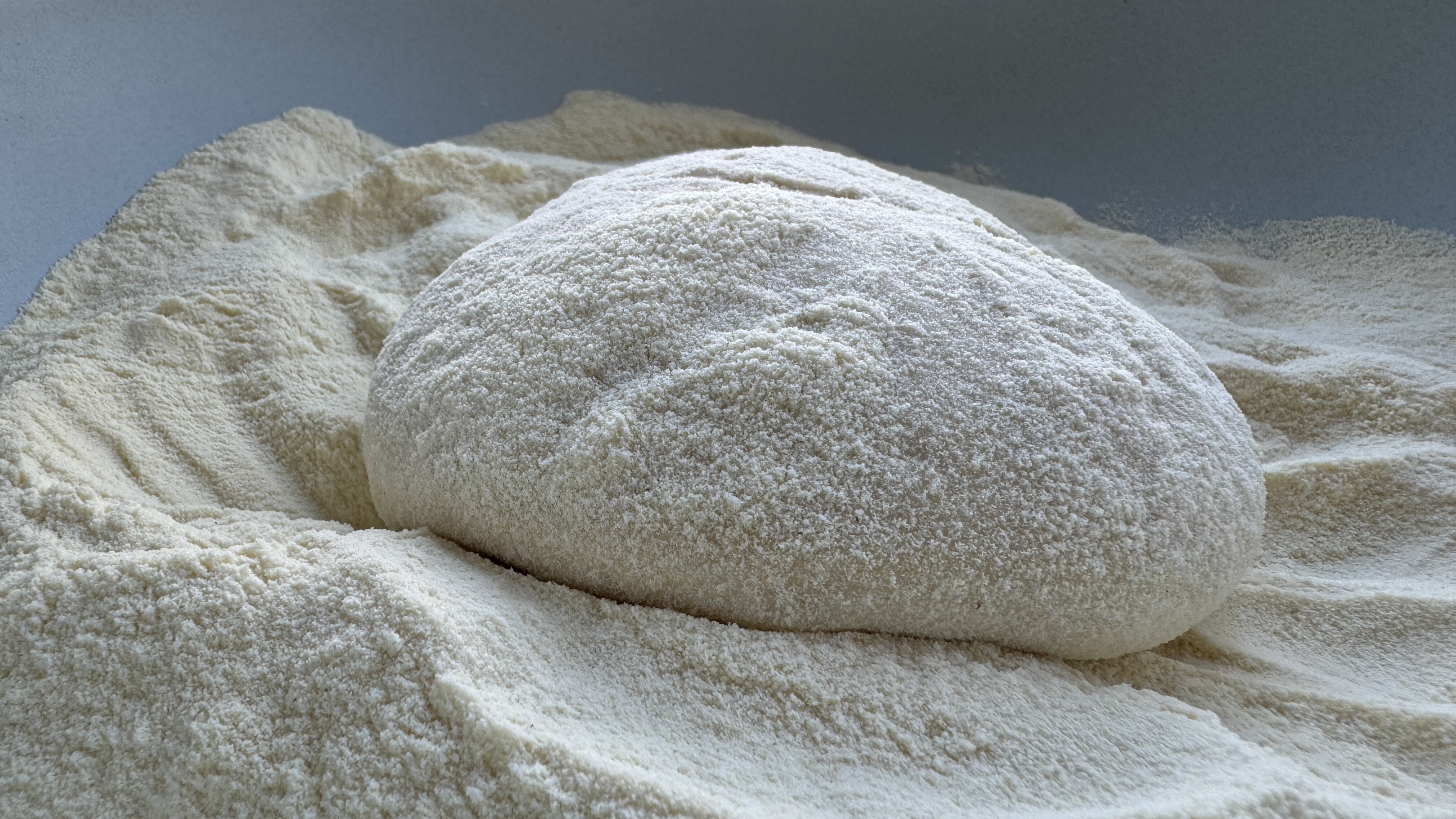 Ferdig hevet deigemne som ligger i en bolle med semolina utbakingsmel